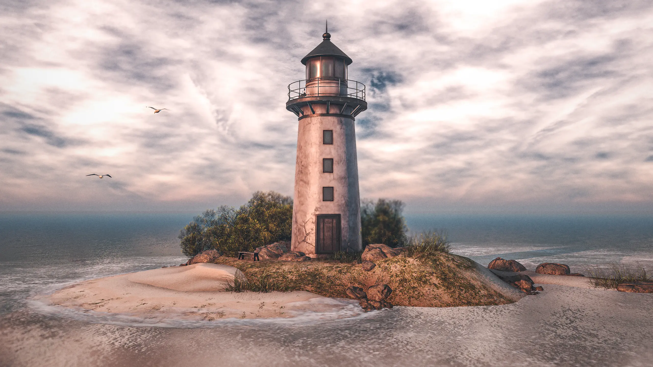 The Pususaari lighthouse beneath a cloud-filled spring sky