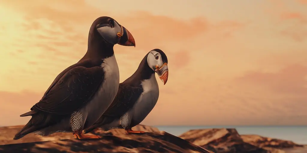 Two puffins watching the warm sea at Pususaari
