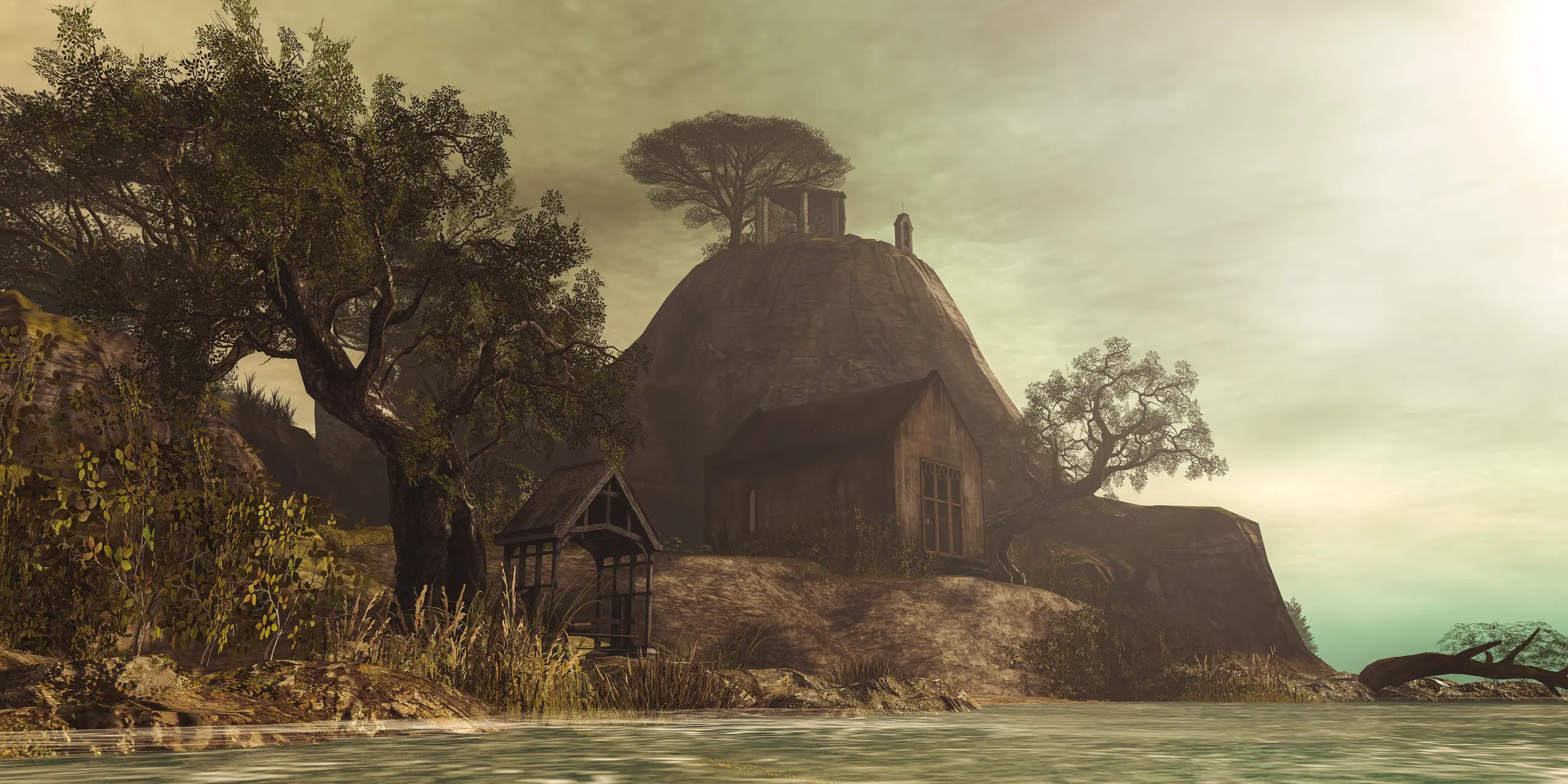 A quiet island chapel in weathered summer light