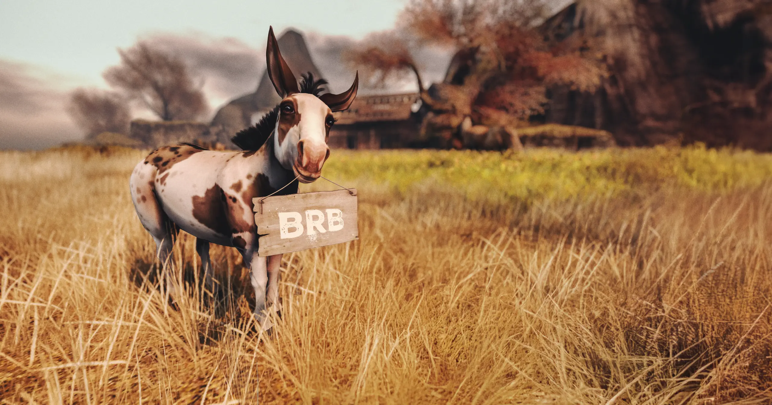 A horse holding a BRB sign in winter grass